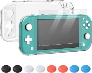 Crystal Clear Cover Case for Switch Lite, Ultra Slim Clear Hard PC Protective Case Compatible with Nintendo Switch Lite with a Glass Screen Protector and 8 Thumb Grips Caps