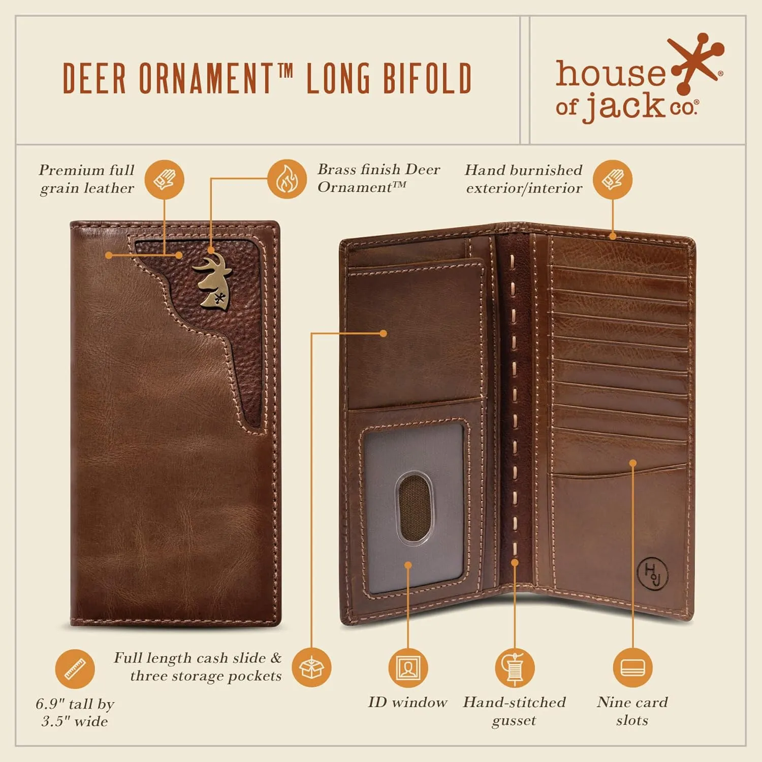 House of Jack Co. Deer Ornament Long Bifold Wallet for Men and Outdoorsmen, Rodeo Wallet, Full Grain Cowhide Leather Wallet, Brown