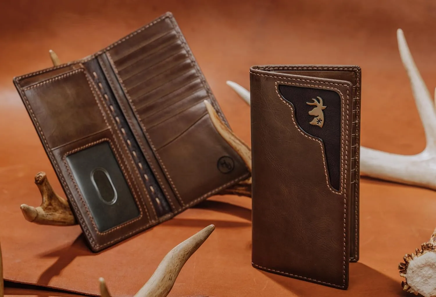 House of Jack Co. Deer Ornament Long Bifold Wallet for Men and Outdoorsmen, Rodeo Wallet, Full Grain Cowhide Leather Wallet, Brown