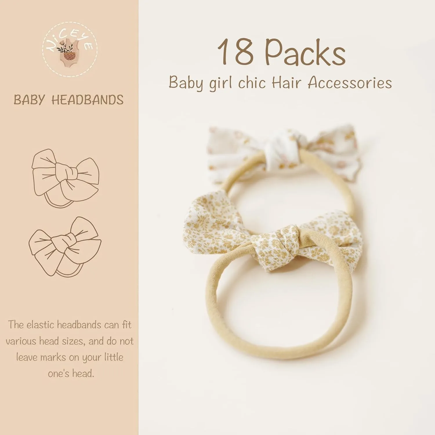 Niceye Baby Girl Bows and Headbands, Handmade Stretchy Nylon Hairbands Hair Bows for Newborn, Infant, Toddler - Soft Baby Hair Accessories - 18 Packs