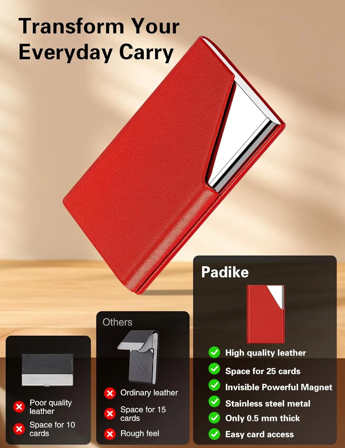 Padike Business Card Holder, PU Leather & Stainless Steel Multi Card Case for Men & Women, Name Card Holder, Credit Card Wallet, ID Case/Holder with Magnetic Closure (Red)