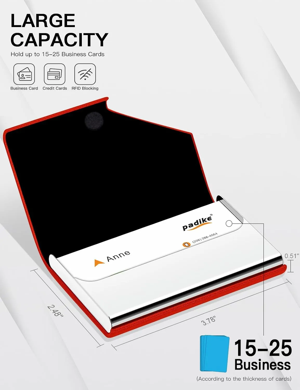 Padike Business Card Holder, PU Leather & Stainless Steel Multi Card Case for Men & Women, Name Card Holder, Credit Card Wallet, ID Case/Holder with Magnetic Closure (Red)