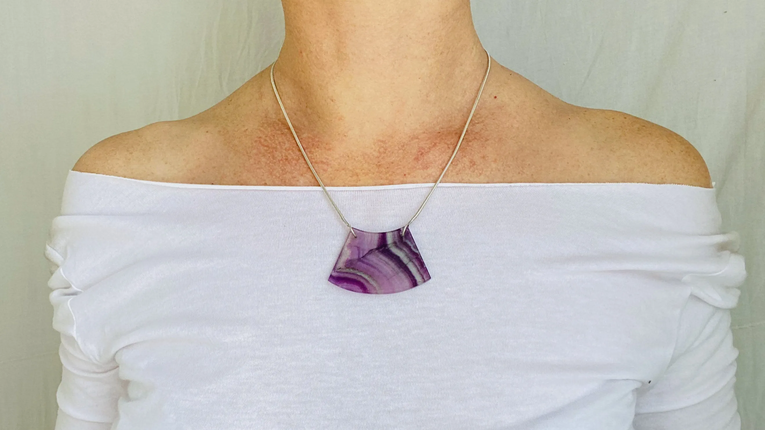 Rainbow Fluorite and Silver Pendant Necklace. Snake Chain 0234