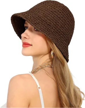 Womens Sun Hat Handmade Straw Bucket UV Protection Wide Brim Packable Travel Summer Cap for Beach UPF 50 