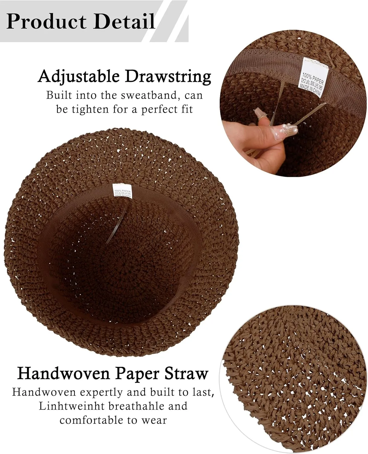 Womens Sun Hat Handmade Straw Bucket UV Protection Wide Brim Packable Travel Summer Cap for Beach UPF 50 