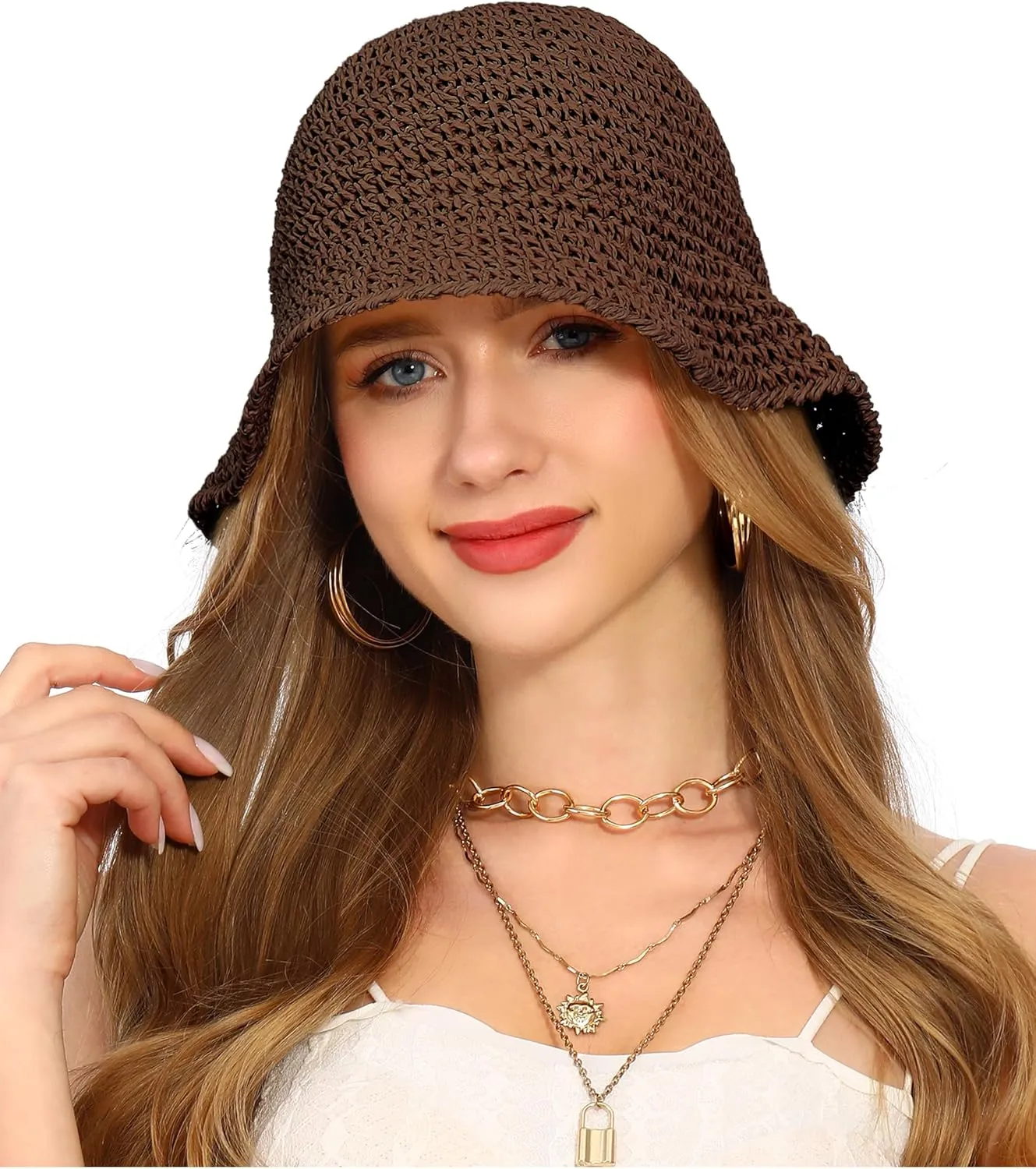 Womens Sun Hat Handmade Straw Bucket UV Protection Wide Brim Packable Travel Summer Cap for Beach UPF 50 