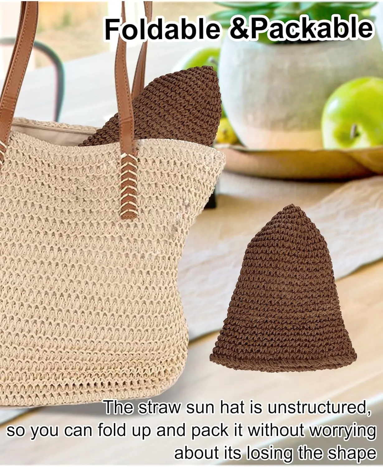 Womens Sun Hat Handmade Straw Bucket UV Protection Wide Brim Packable Travel Summer Cap for Beach UPF 50 