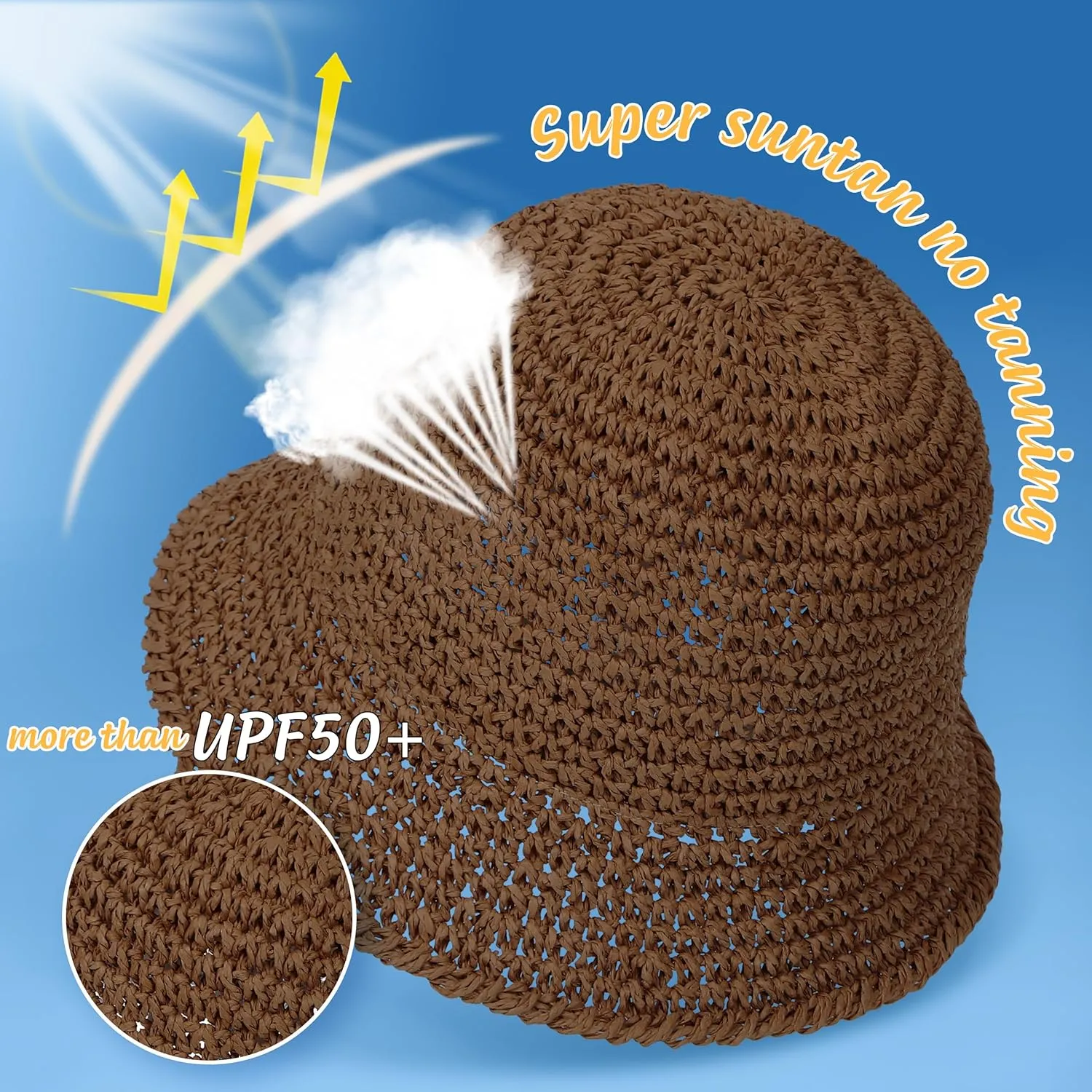Womens Sun Hat Handmade Straw Bucket UV Protection Wide Brim Packable Travel Summer Cap for Beach UPF 50 